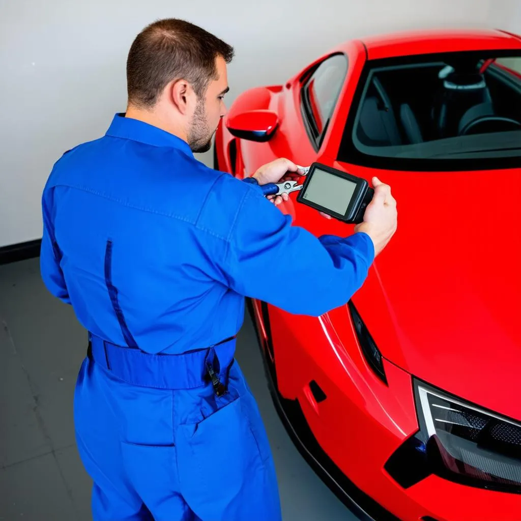 Mechanic using a bi-directional scan tool