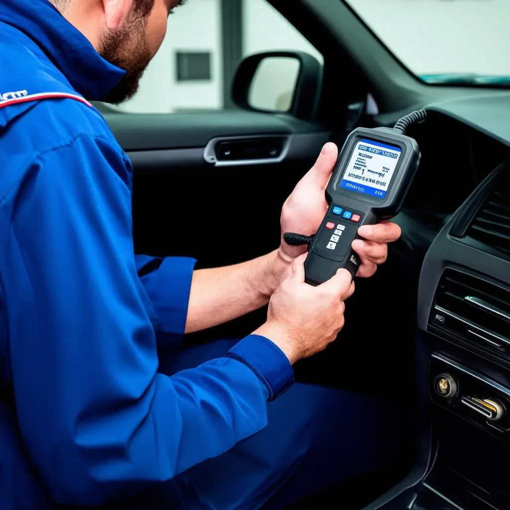 Mechanic using a scanner on a car