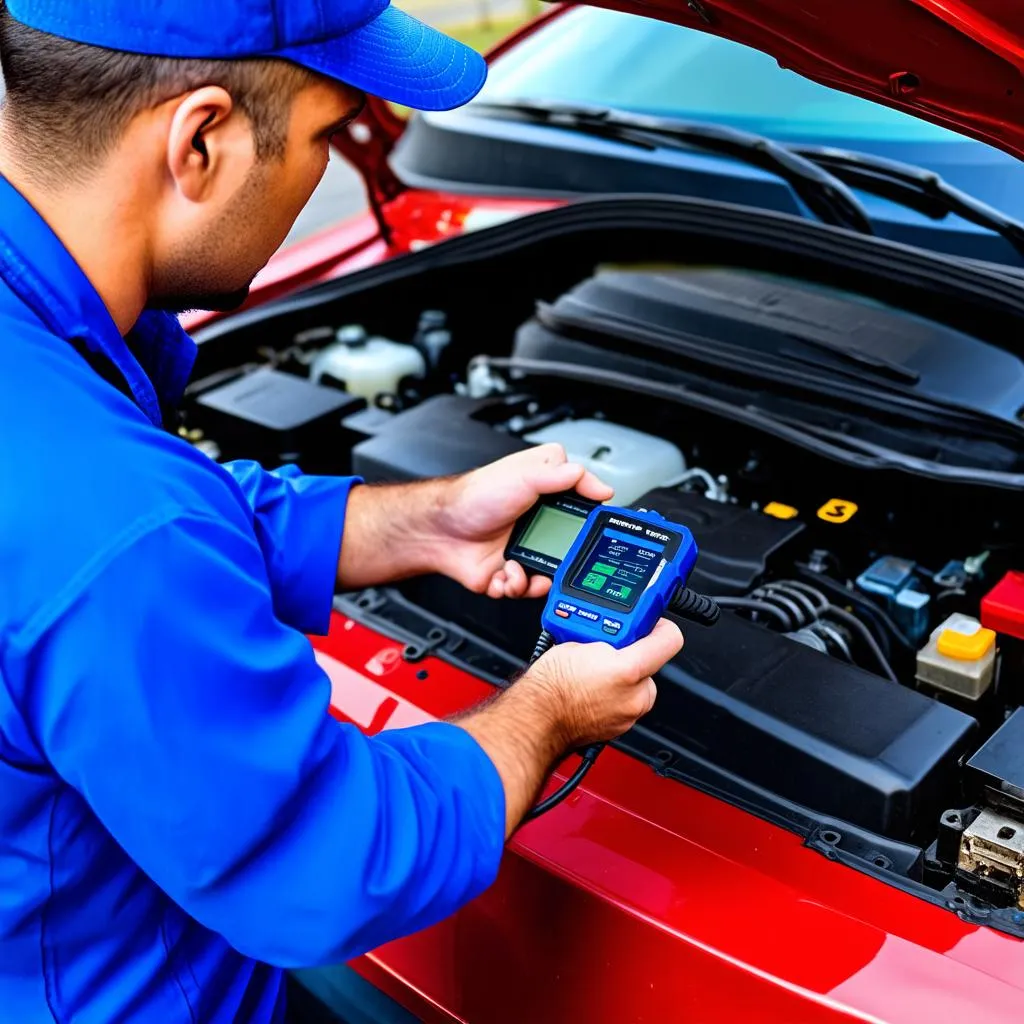 Mechanic using an OBD2 scanner