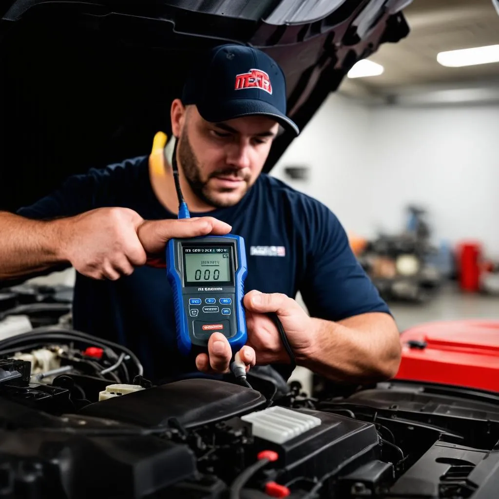 Mechanic connecting an OBD-II scanner to a car's OBD port