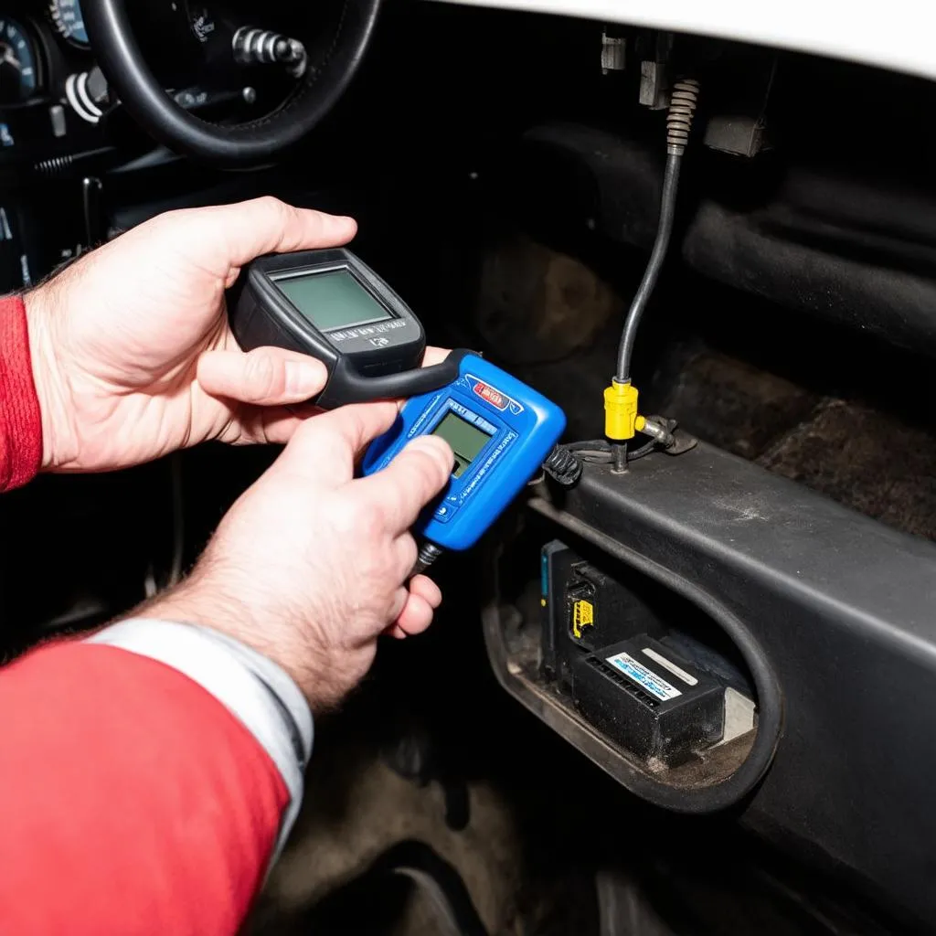 Mechanic Using OBD2 Scanner on Car