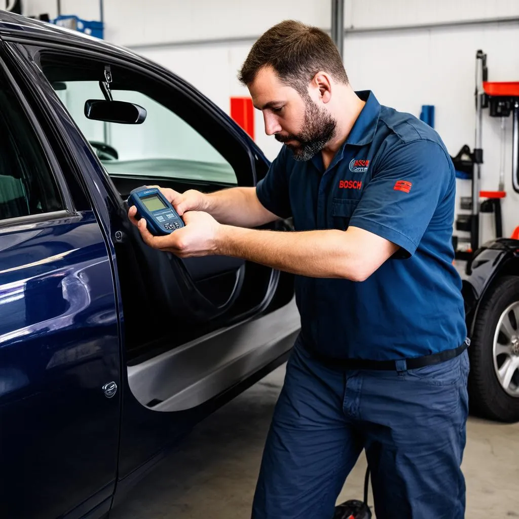 Mechanic Using Scanner on European Car