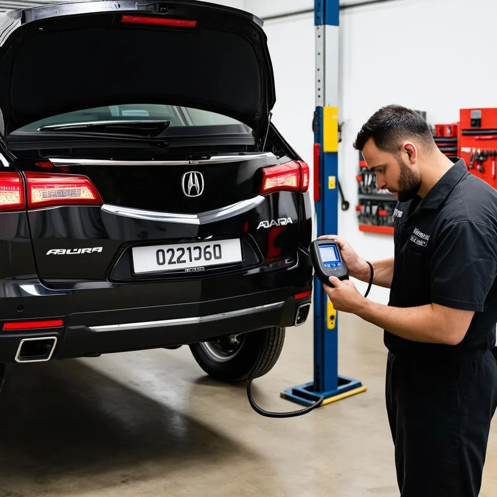 Mechanic Using OBD Scanner on Acura MDX