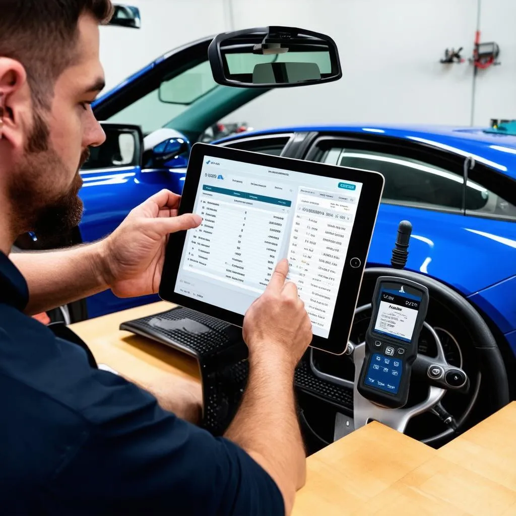 Mechanic Using a Tablet for Car Diagnostics