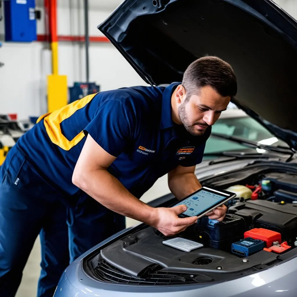 Mechanic Using Tablet to Diagnose Car Problem