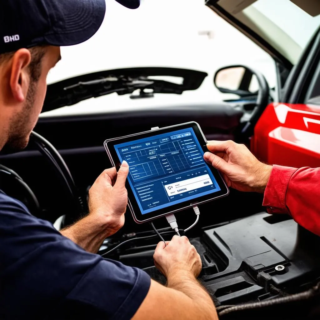 Mechanic Using Tablet for Car Diagnostics