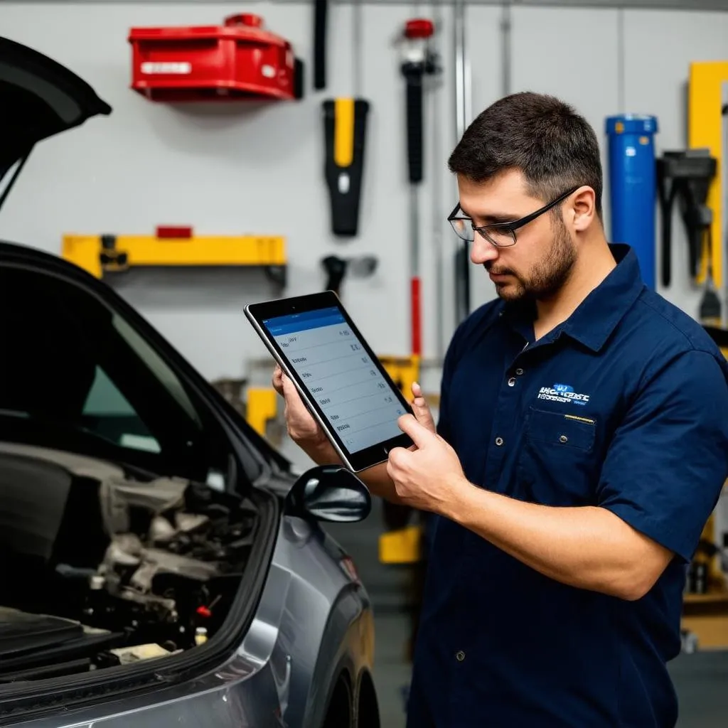 Mechanic Using Tablet to Diagnose Car