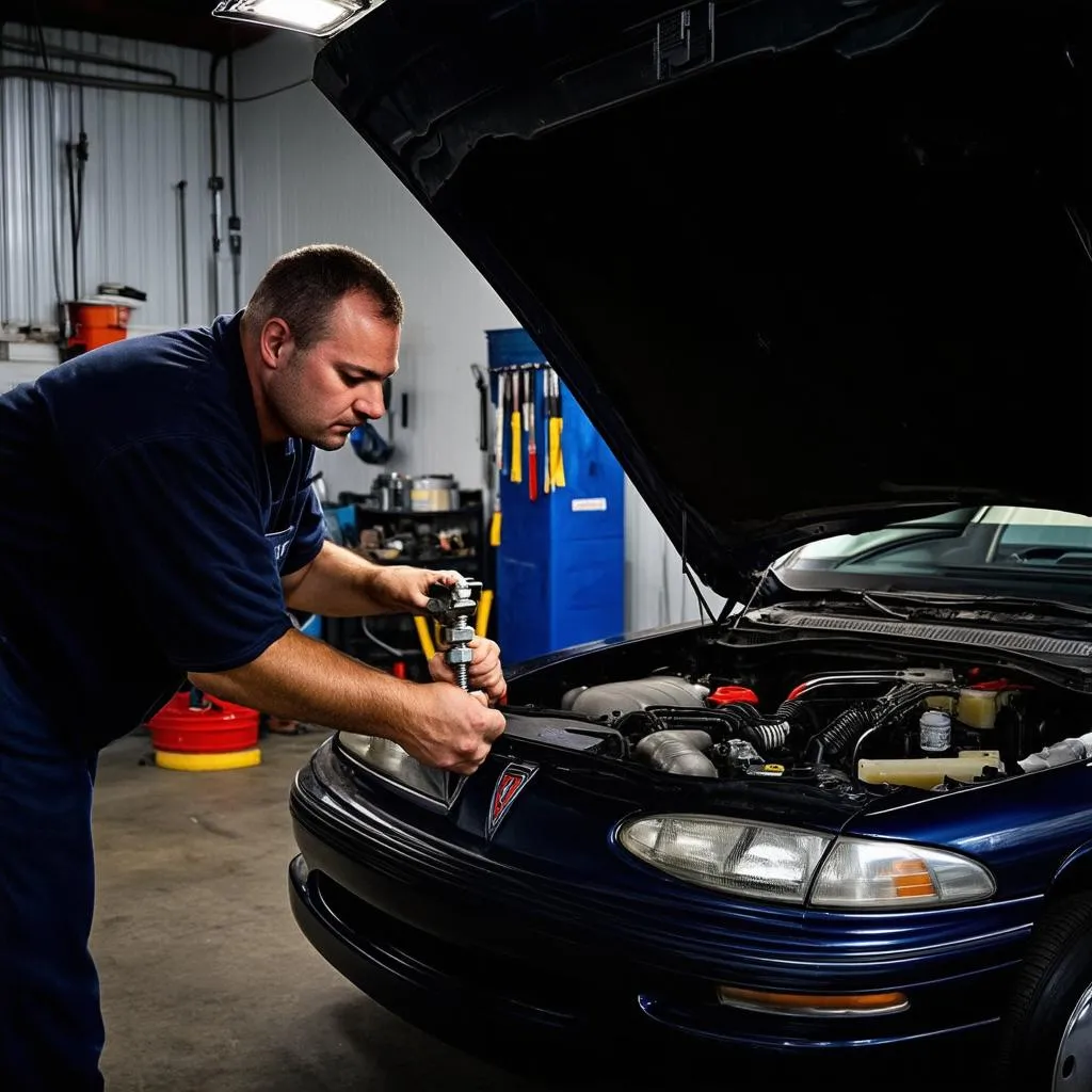 Mechanic working on a 1994 Pontiac Engine