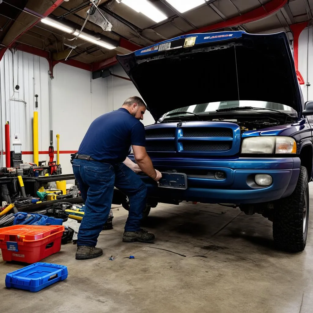 Mechanic working on a 1997 Dodge Ram 1500