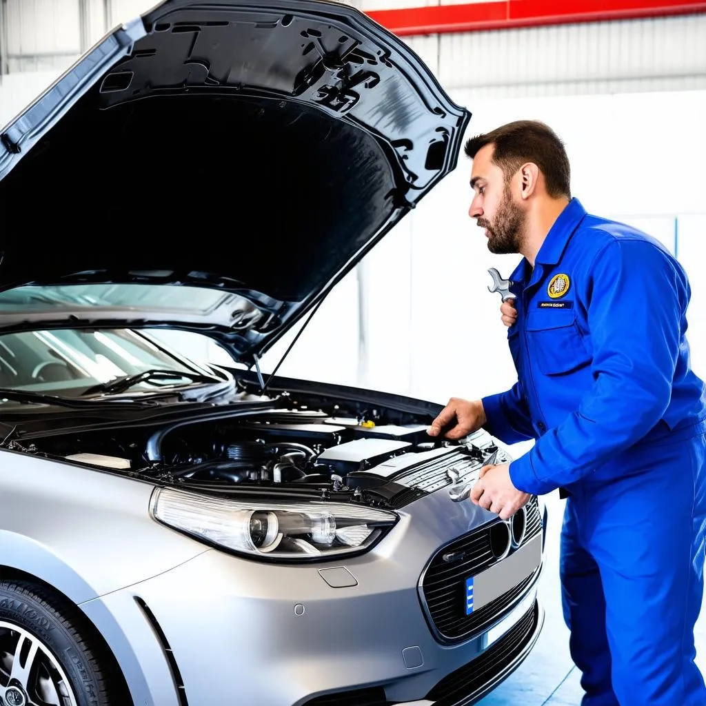 Mechanic inspecting a car engine