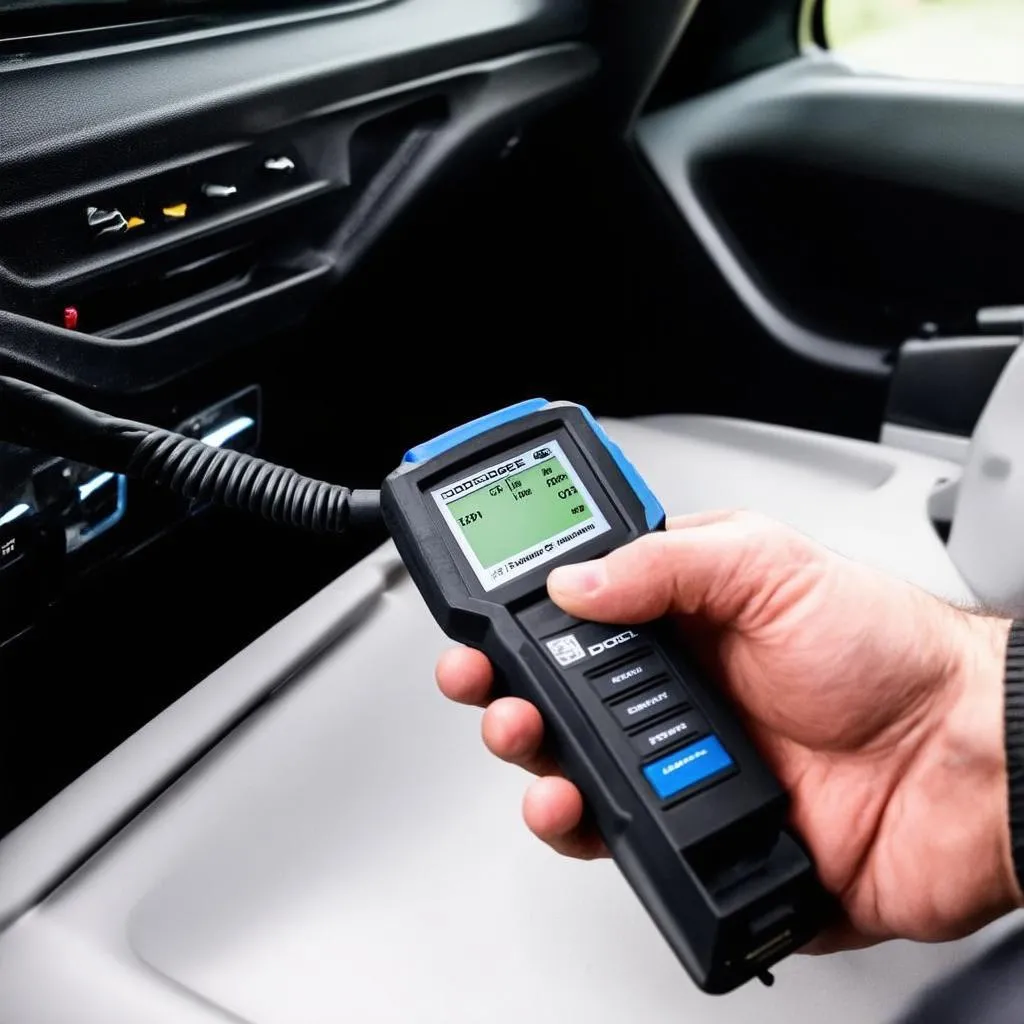 Mechanic Using OBD Scanner on a Dodge