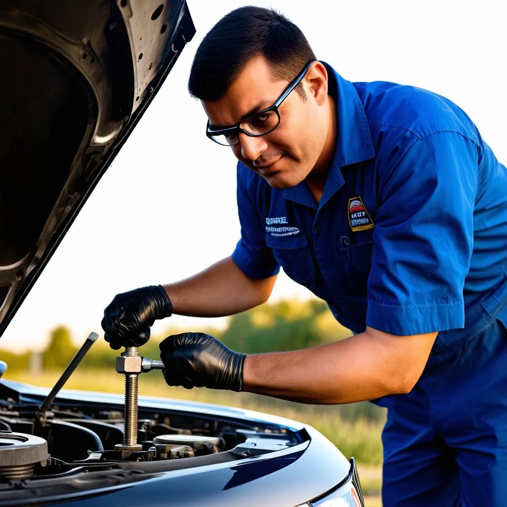 Mechanic working on car engine