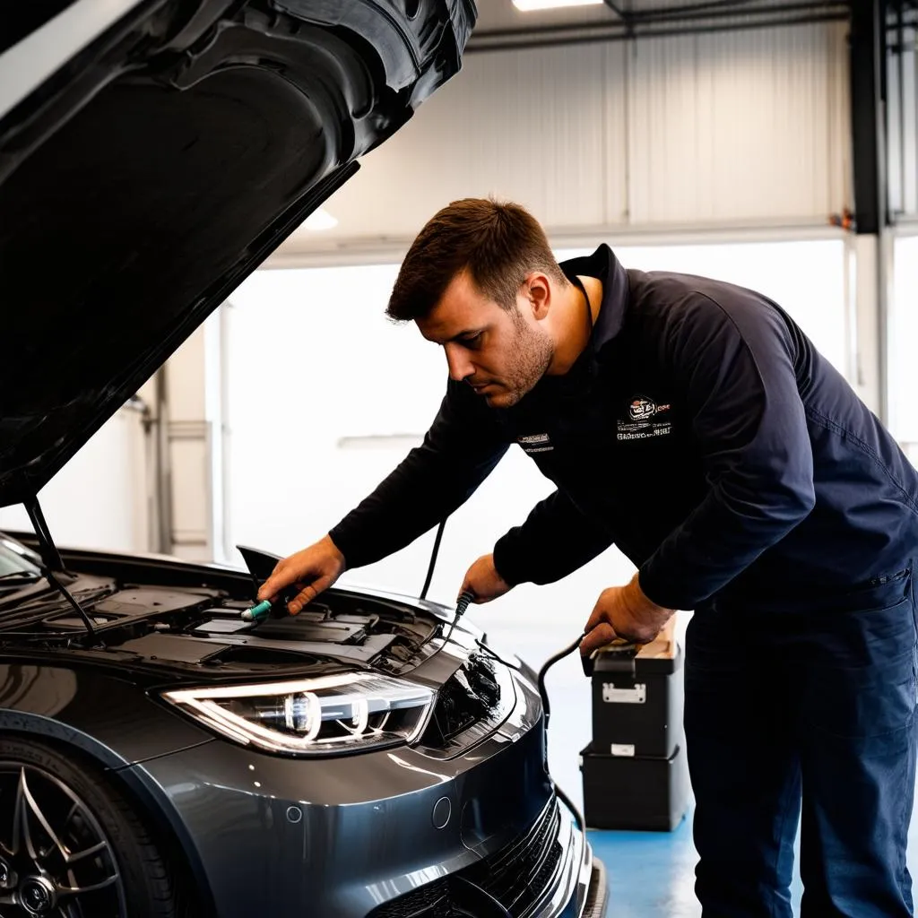 Using a high-tech diagnostic tool, a skilled technician investigates a sleek European sports car. The garage is brightly lit, highlighting the car's sophisticated design and the technician's focused expression.