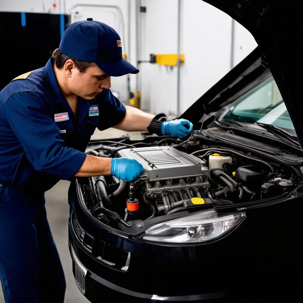 Mechanic working on a car engine