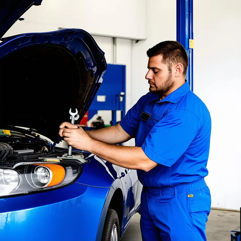 Mechanic working on car in auto repair shop