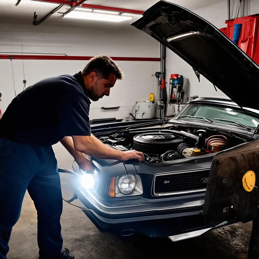 Mechanic working on a classic car