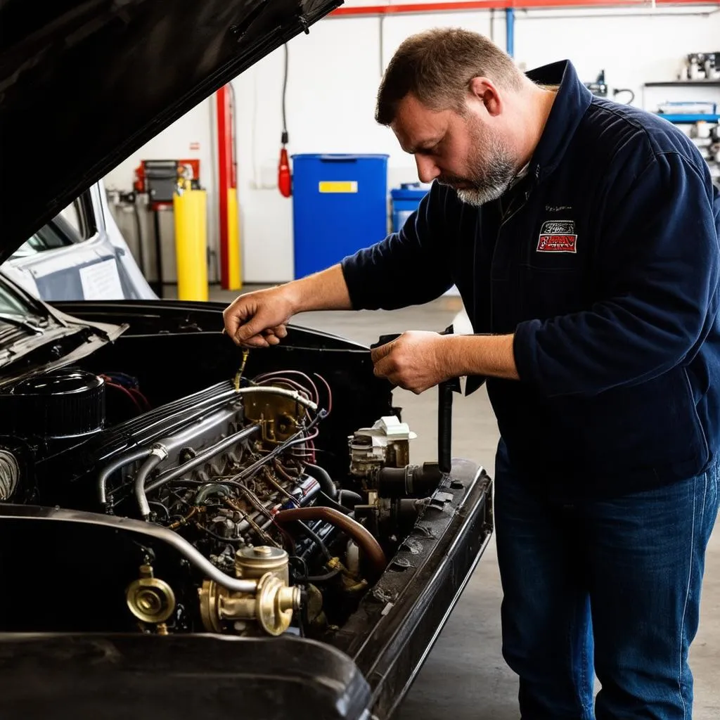 Mechanic repairing vintage car