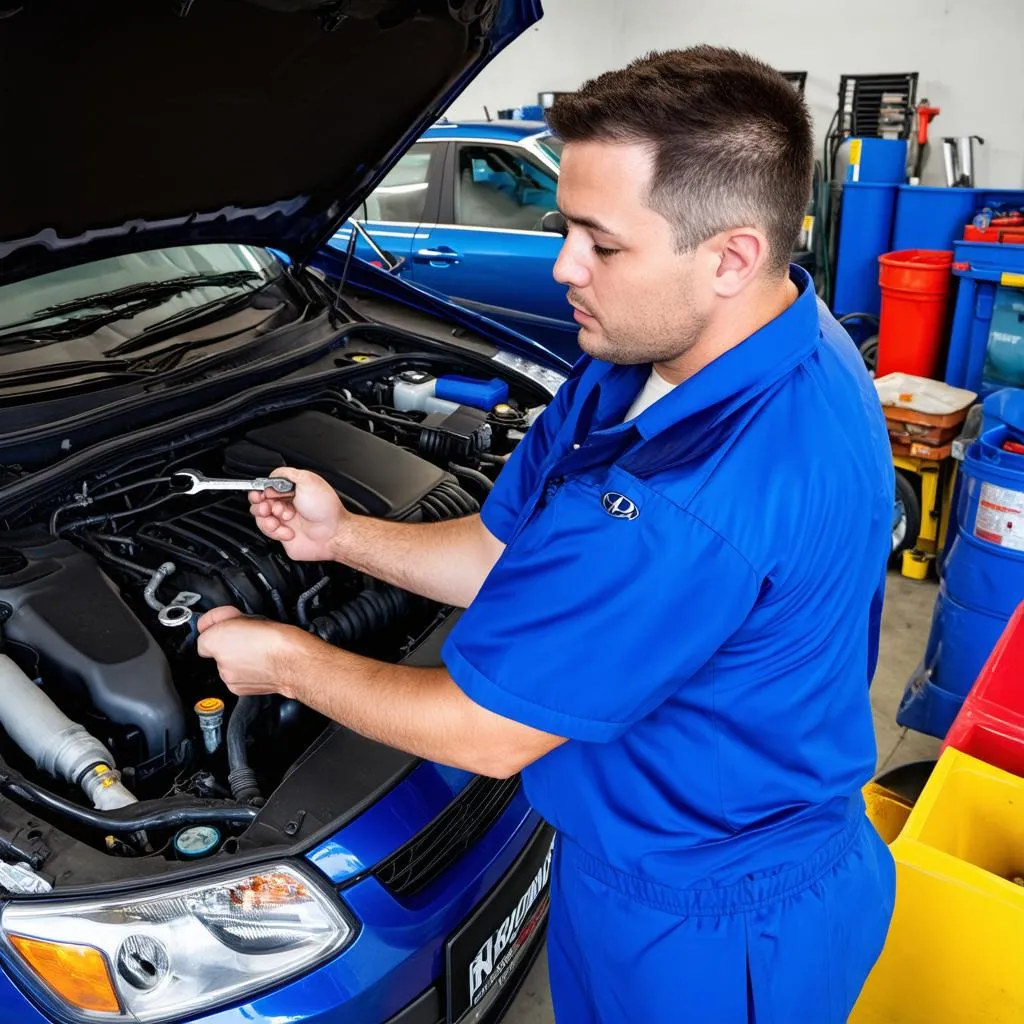 Mechanic Working on a 2009 Hyundai Santa Fe Engine