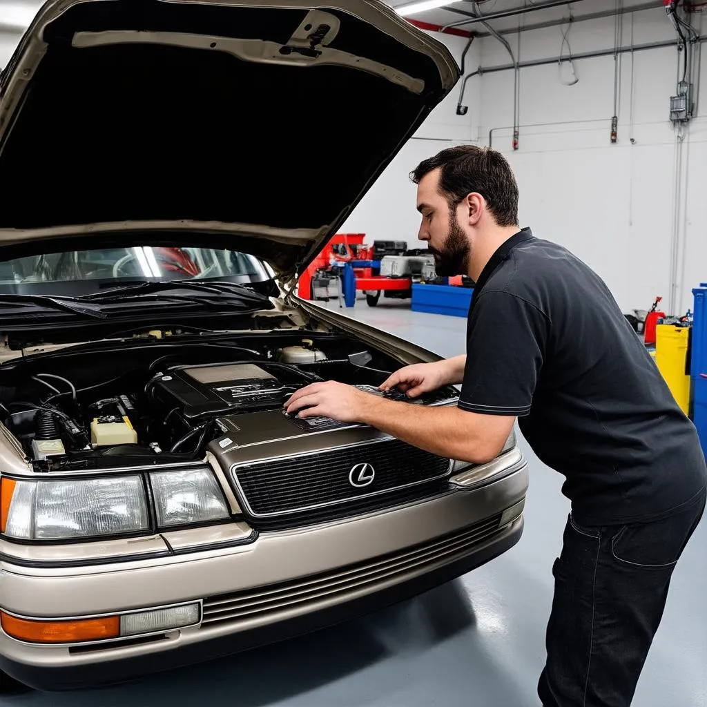 Mechanic working on Lexus LS400