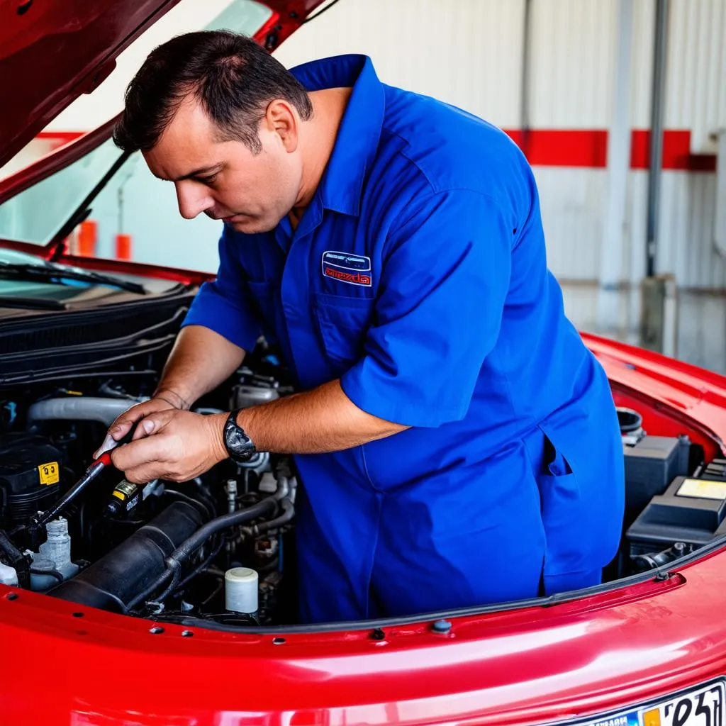 Mechanic inspecting the engine bay of a Mazda Tribute