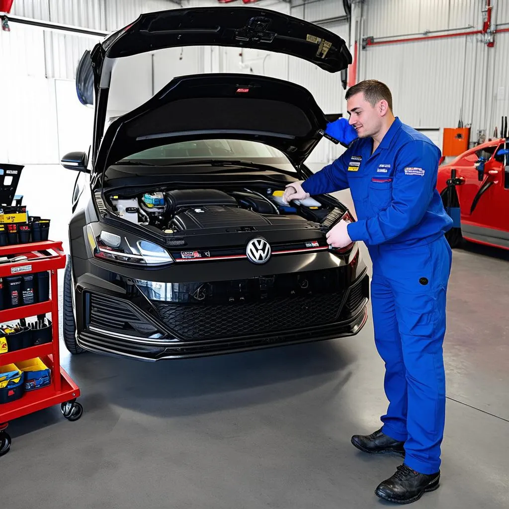 Mechanic inspecting the engine of a MK7 Golf R in a garage