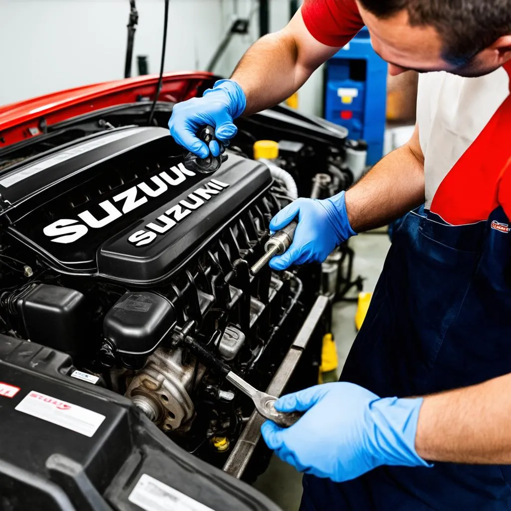 Mechanic diagnosing engine problems on a Suzuki car