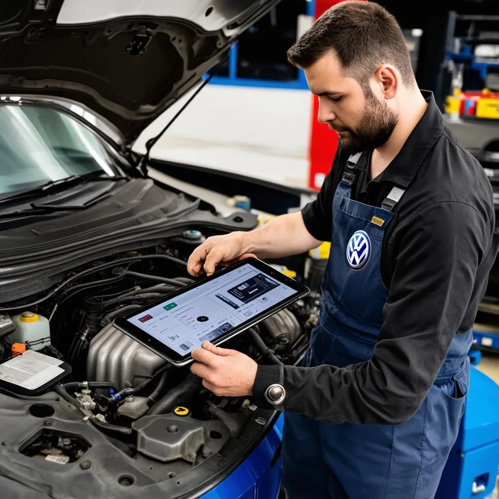 Mechanic working on a Volkswagen engine in a professional garage