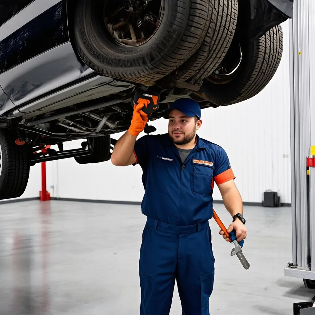 Mechanic inspecting car