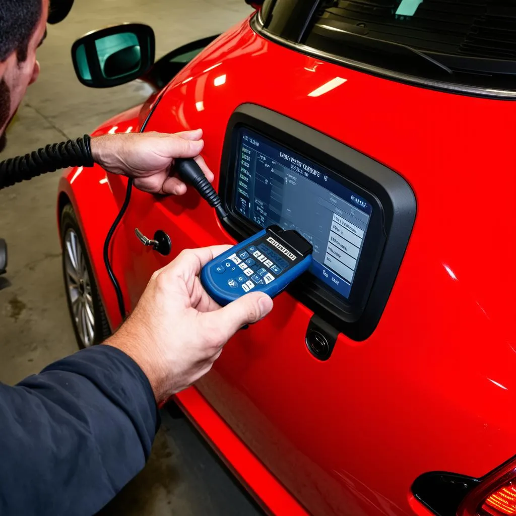 Mechanic using an OBD2 scanner on a MINI Cooper