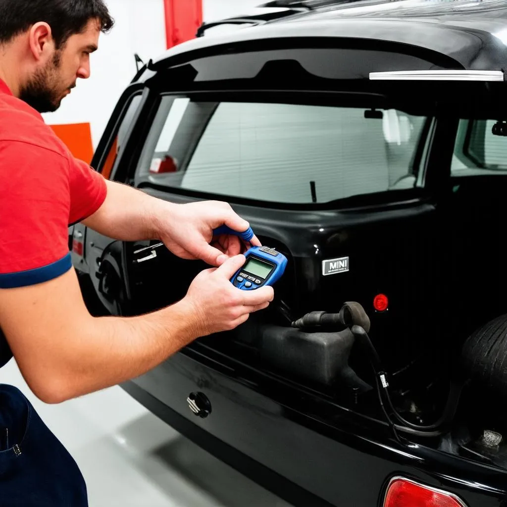 Mechanic using OBD-II scanner on a MINI Cooper R53