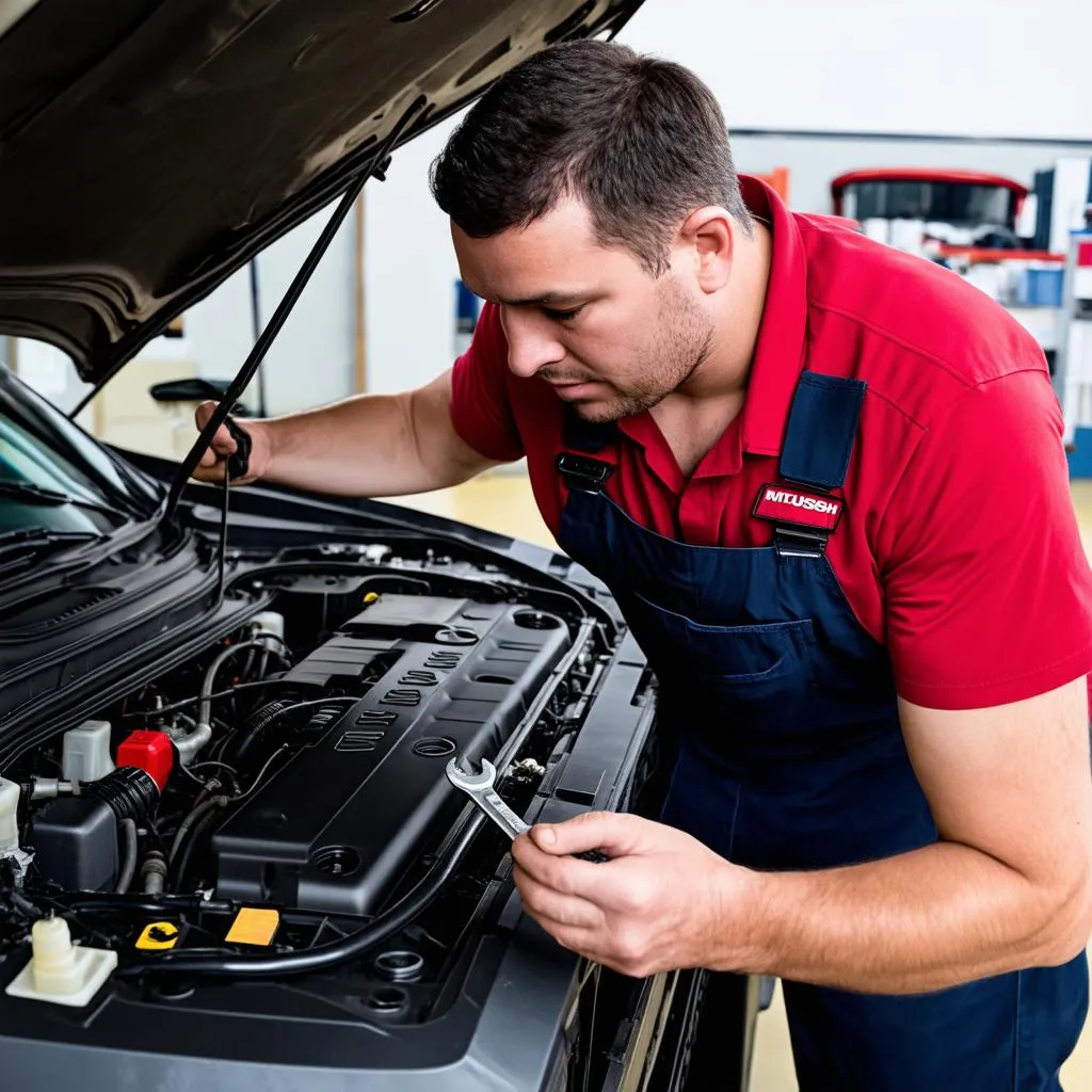 Mechanic inspecting the engine bay of a Mitsubishi