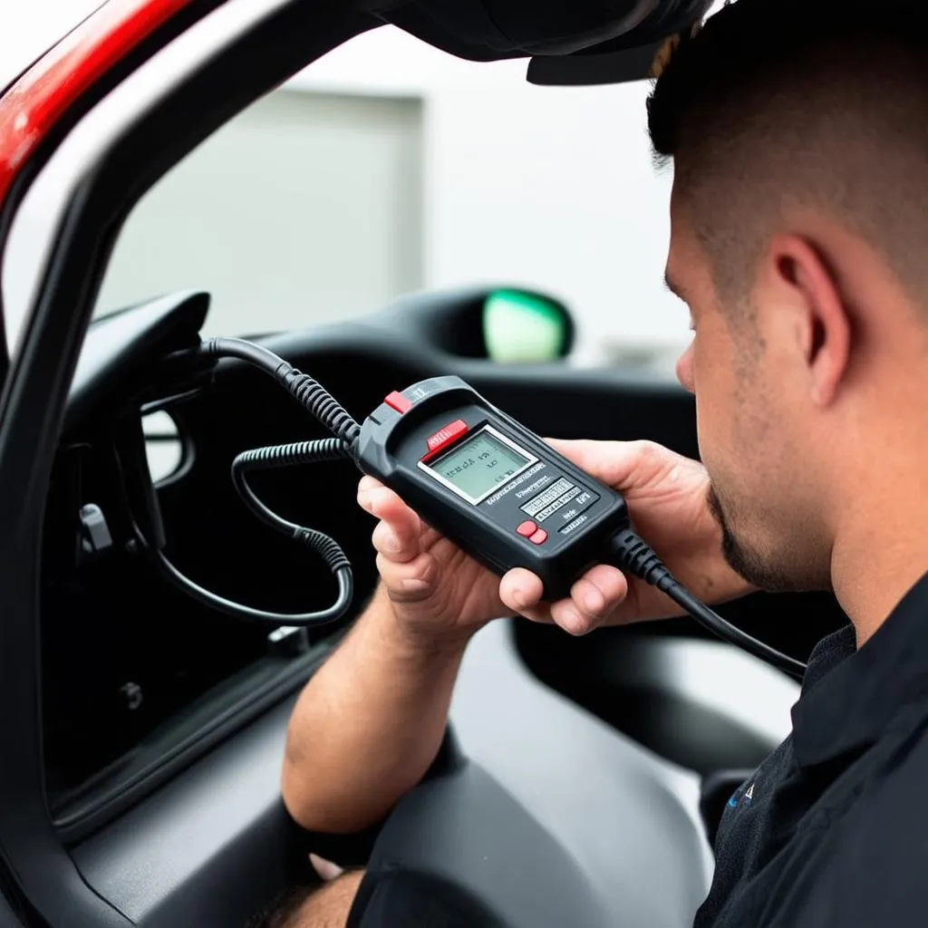 Mechanic using an OBD scanner on a Mitsubishi