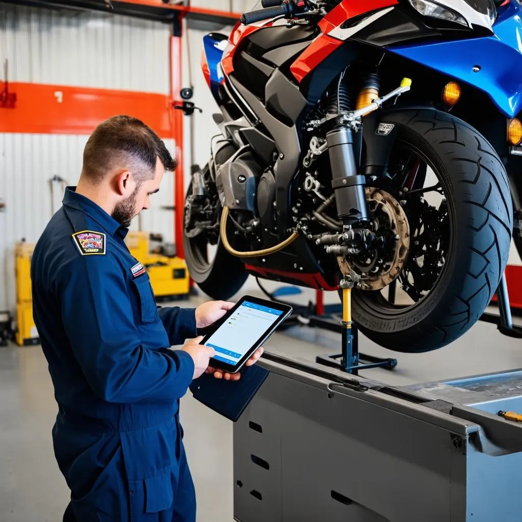 Mechanic Using a Tablet for Motorcycle Engine Diagnostics