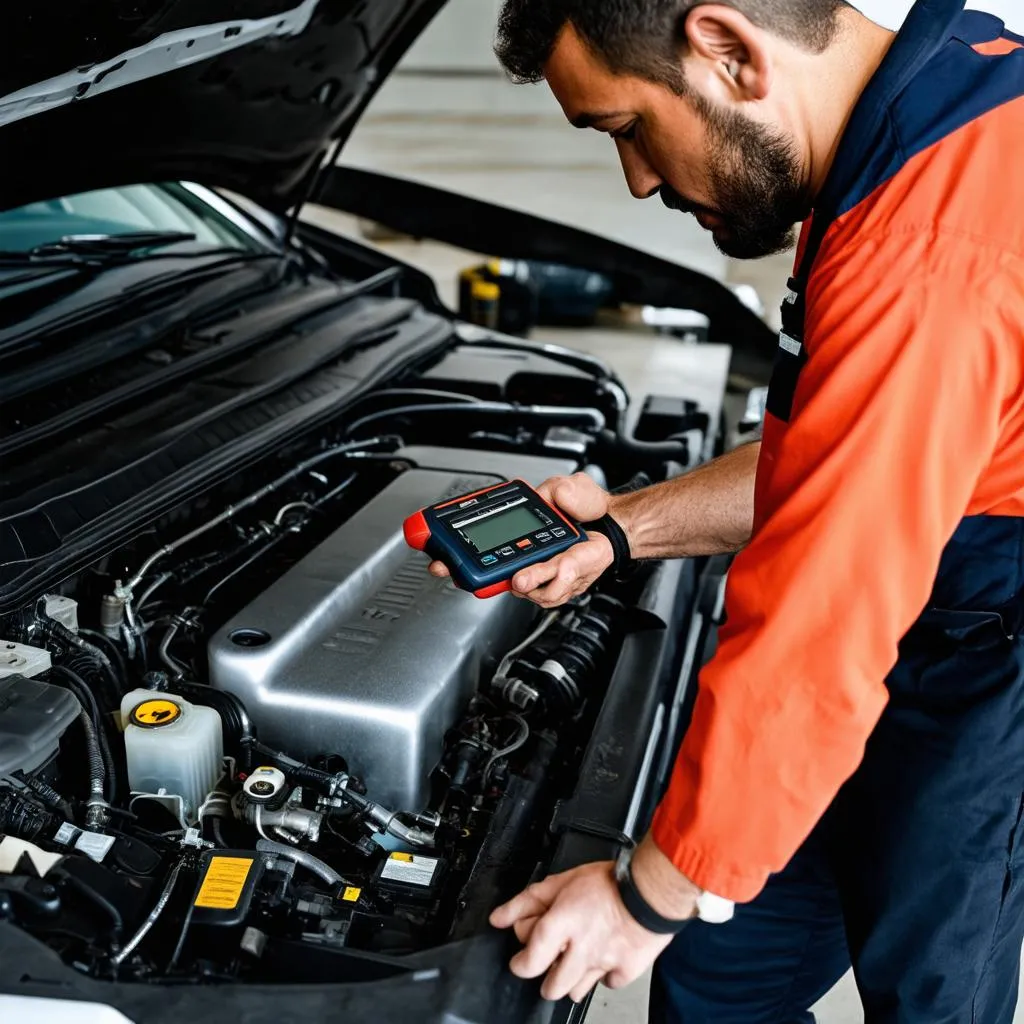 Mechanic diagnosing a Nissan car