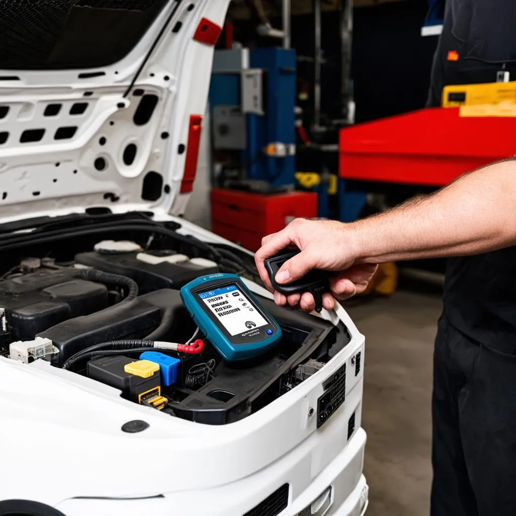 Mechanic connecting an OBD scanner to a Nissan NV200