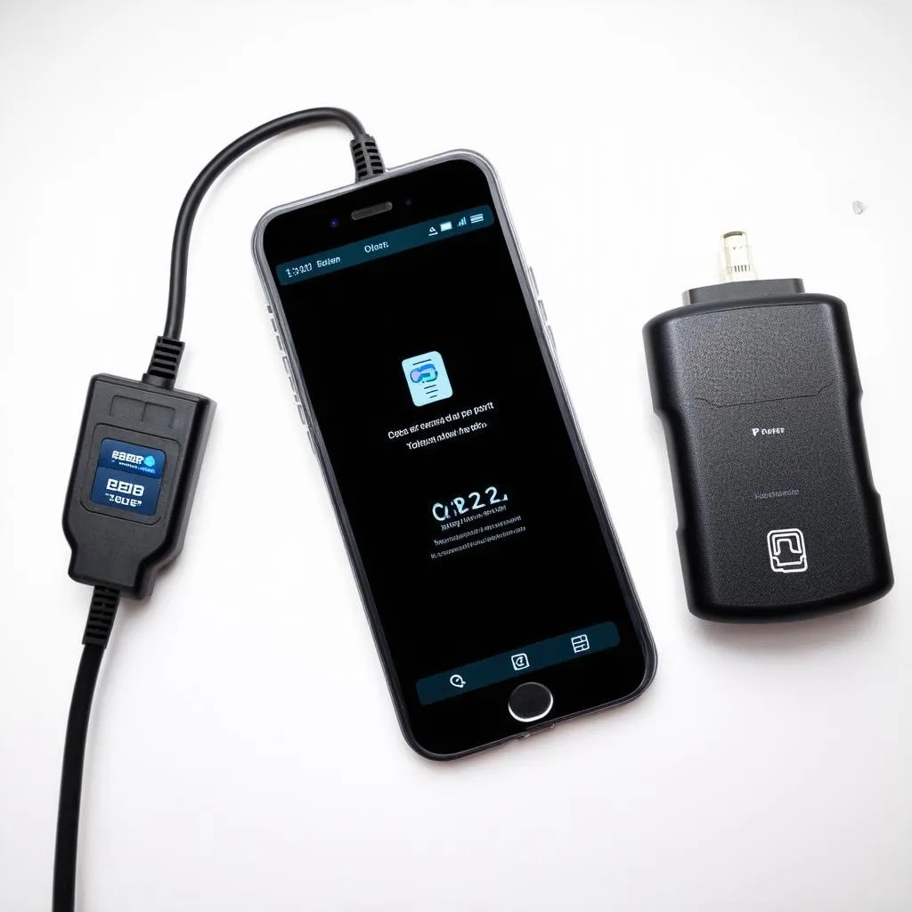 OBD2 transmitter connected to smartphone with diagnostics app