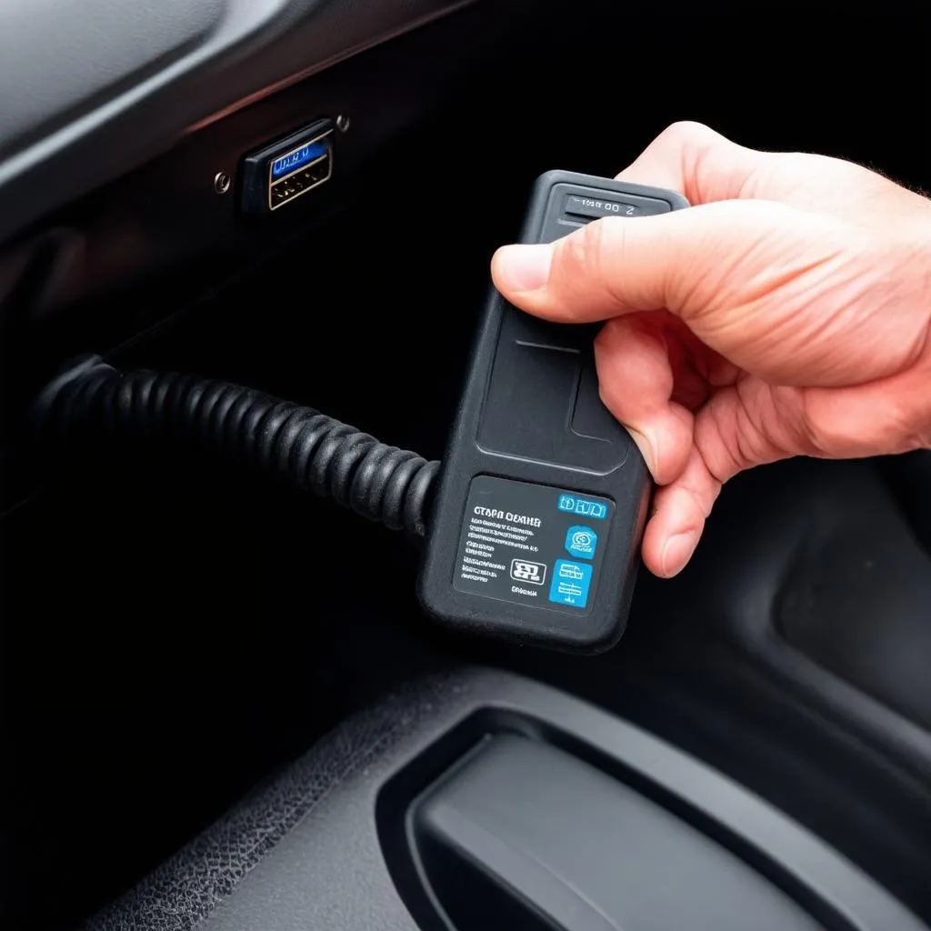 Close-up of a mechanic's hand plugging an OBD2 scanner into a car's OBD port