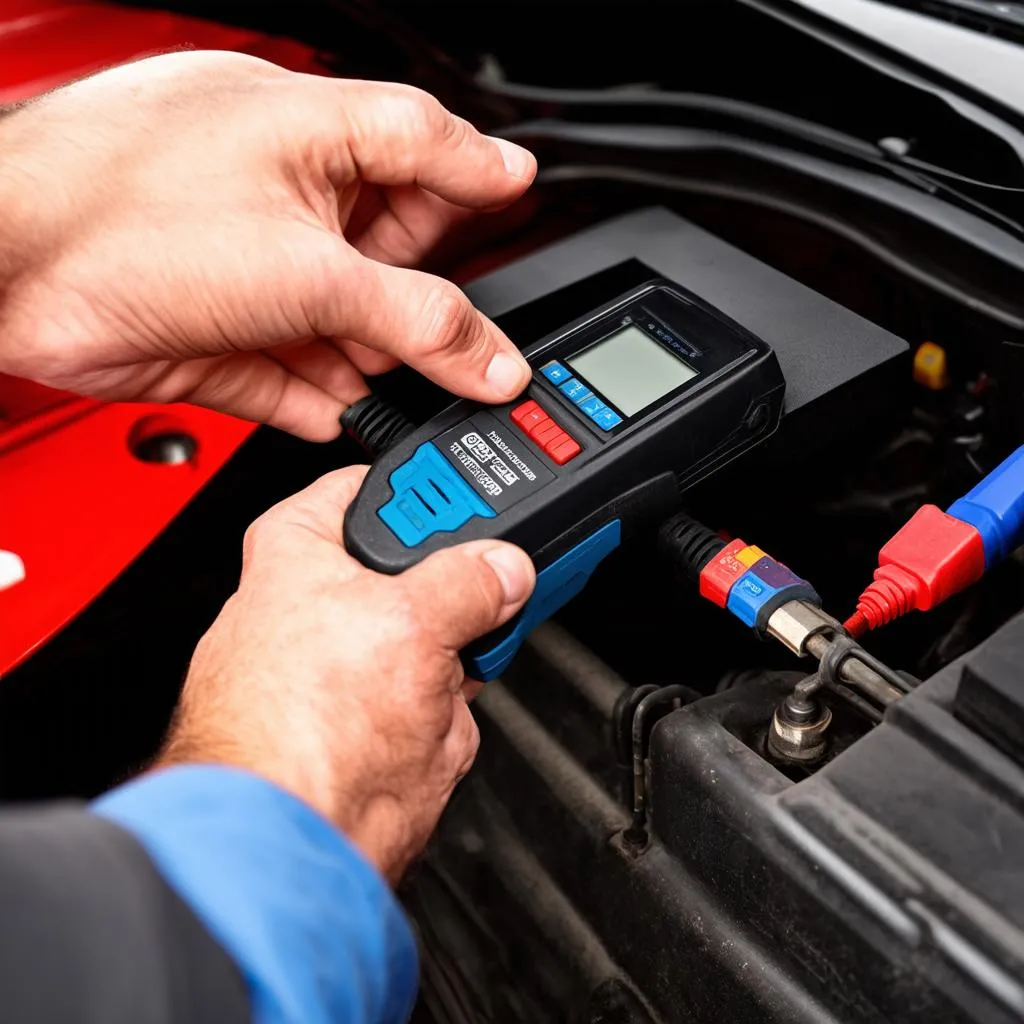 Mechanic's hand connecting a diagnostic tool