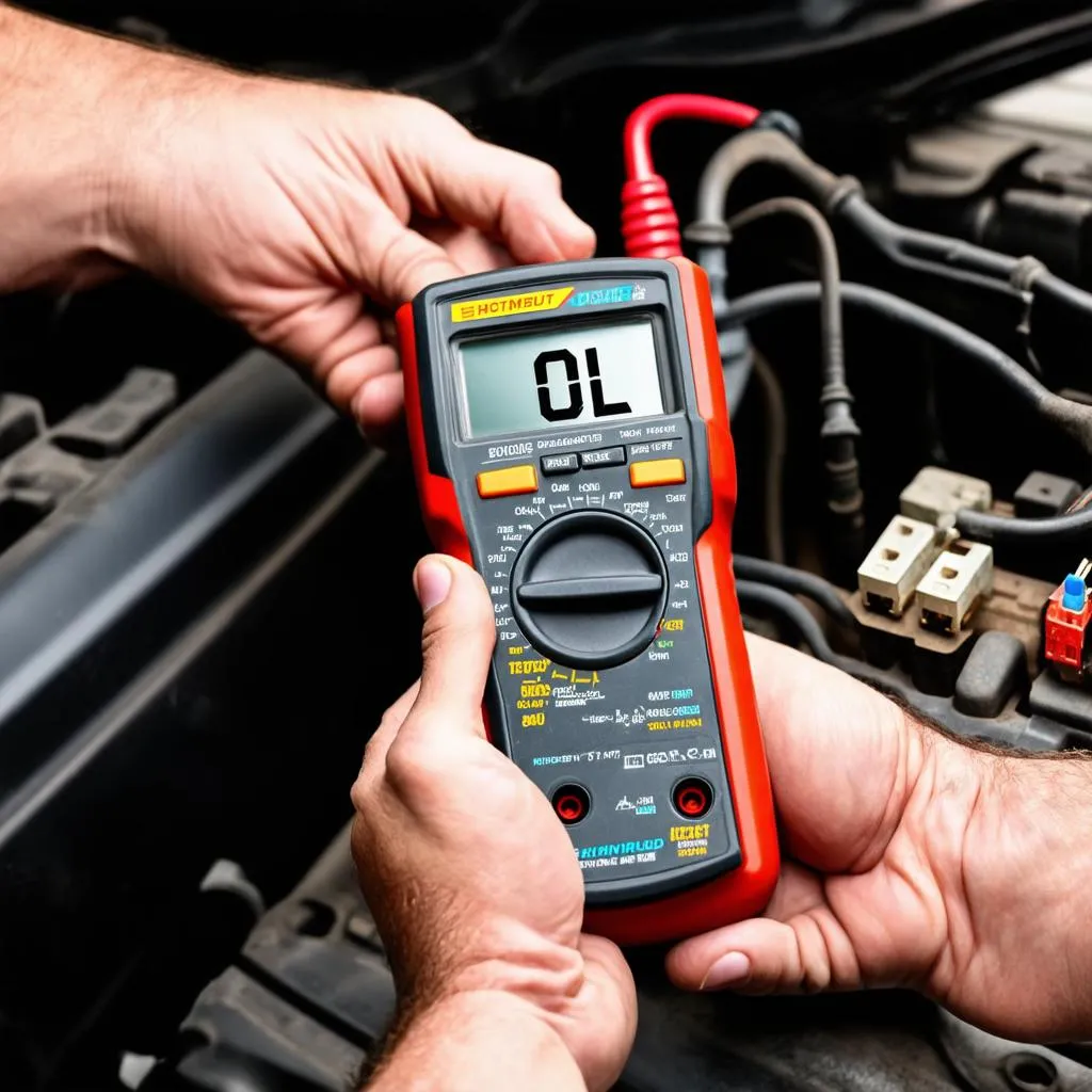 An assortment of automotive fuses, with one being tested by a multimeter.