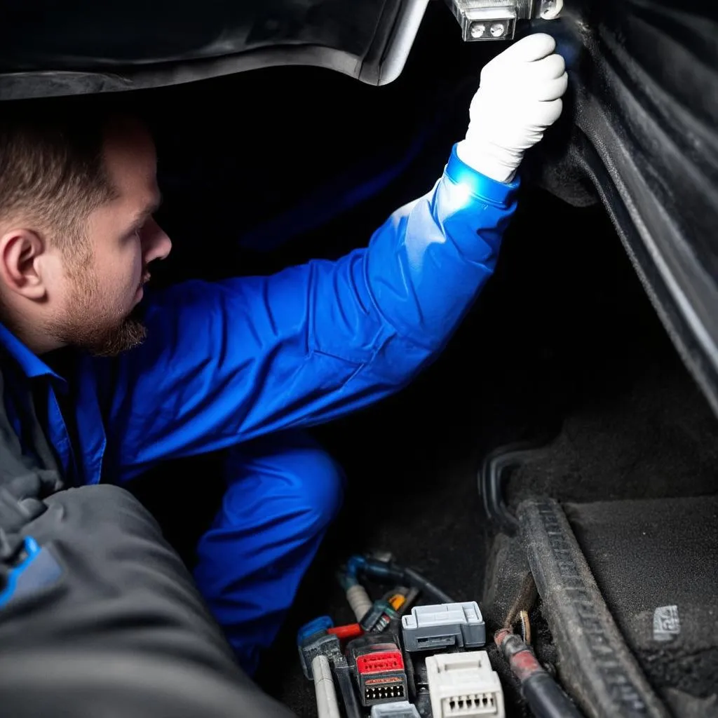 Mechanic inspecting an OBD port