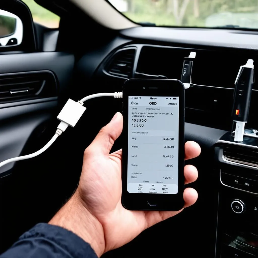 OBD reader plugged into a car's OBD-II port and connected to an iPhone