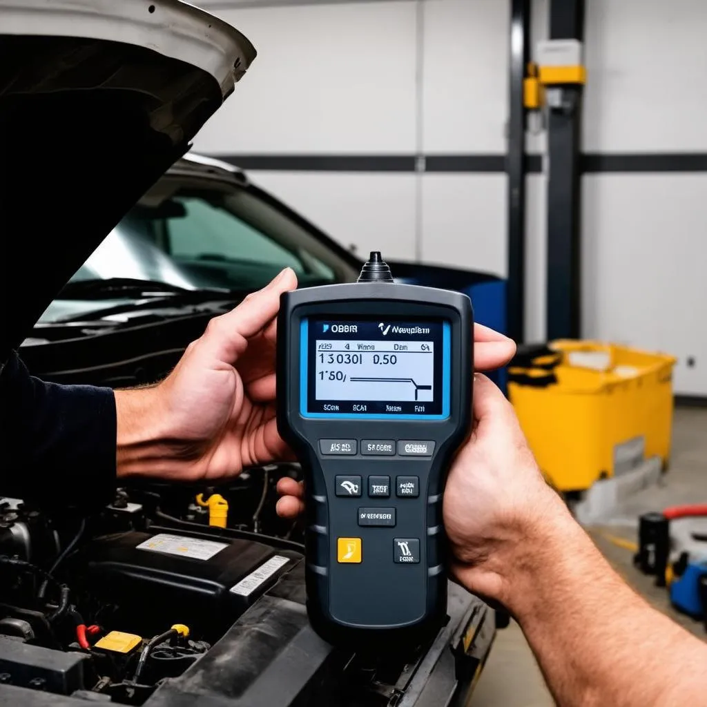 Mechanic using professional OBD reader