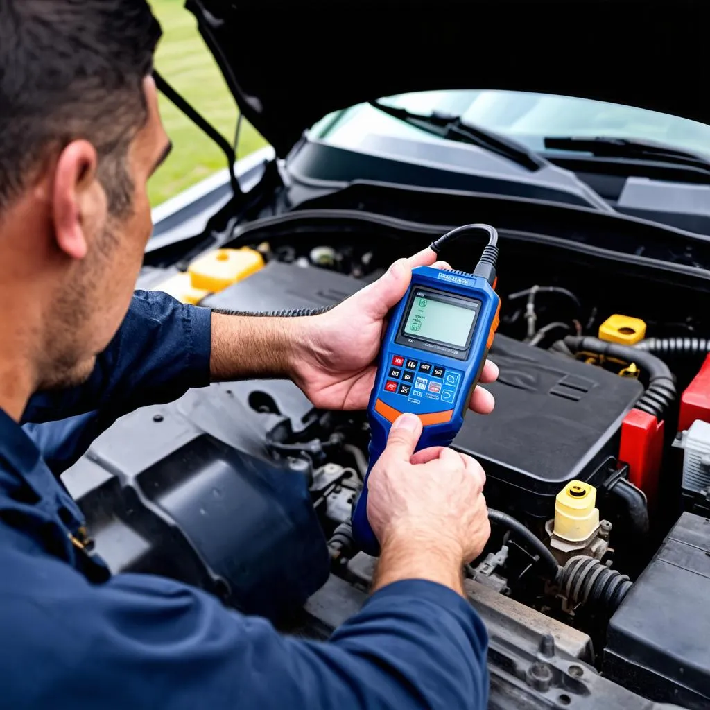 Car diagnostic tool connected to OBD port