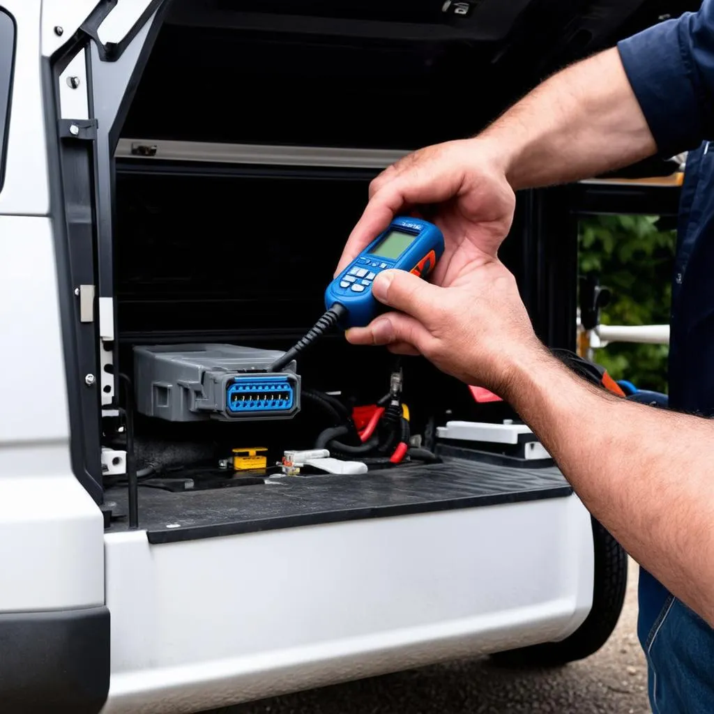 OBD scanner plugged into a truck's diagnostic port