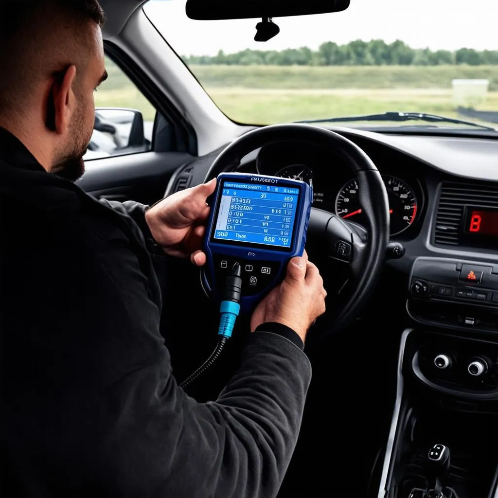 OBD Scanner in Use on Peugeot 208