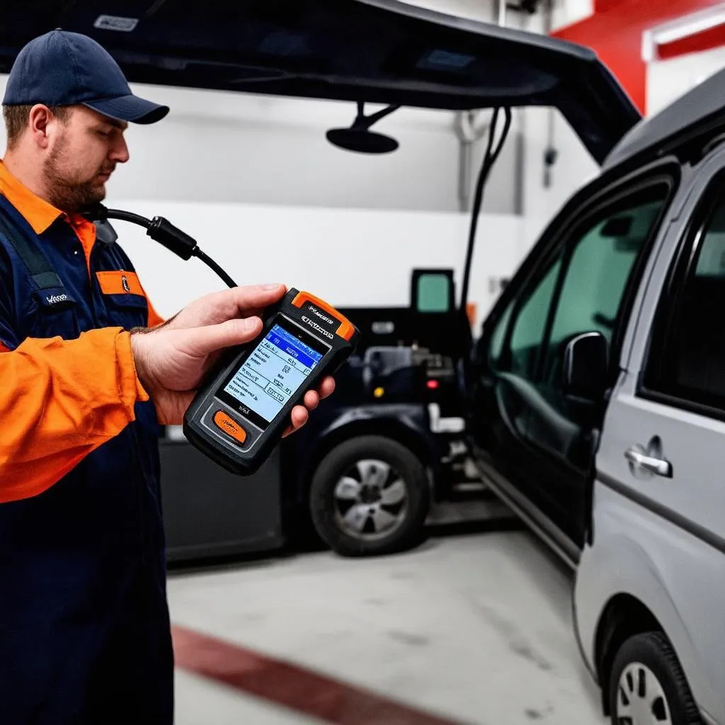 Mechanic using an OBD2 scanner on a Citroen Berlingo