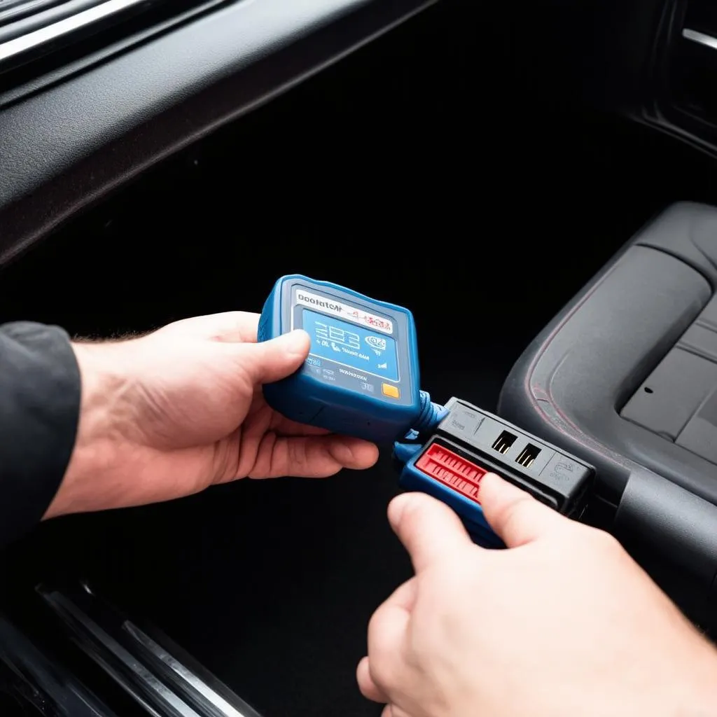 A mechanic connecting an OBD2 scanner to a car