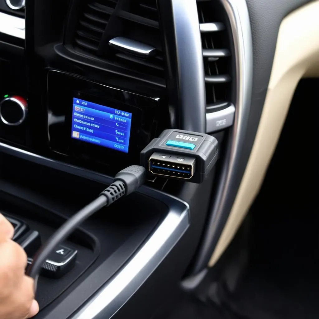 A close-up of a smart OBD scanner plugged into the OBD port of a European car.