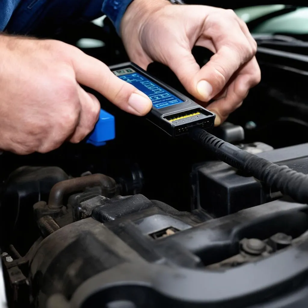 Close up: Professional car mechanic using a diagnostic tool