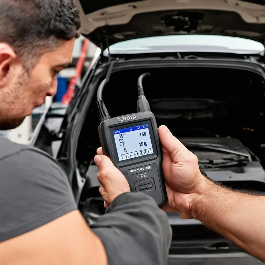 Mechanic using an OBD scanner on a Toyota RAV4